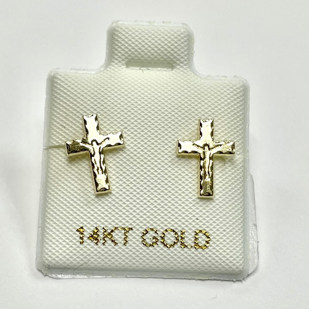 Solid Gold 14 Karat Yellow Gold Cross Earring.